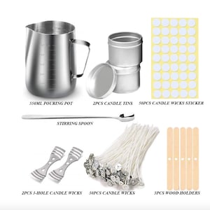 May include: Candle making kit with a stainless steel pouring pot, stirring spoon, two candle tins, 50 candle wicks, two 3-hole candle wicks, 50 candle wick stickers, and five wooden candle holders.