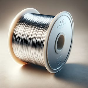 May include: A spool of sterling silver wire, tightly wound and gleaming. The spool has a white rim and a gray center with the text "2.0S STERLING SILVER" and the number "736". The wire is a bright, reflective silver color.