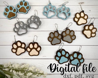 cut file PAW PRINT EARRINGS svg pdf dxf multiple options glowforge laser ready file digital download pets dog lover pawprint toebeans paws