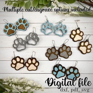 archivo cortado PAW PRINT PENDIENTES svg pdf dxf múltiples opciones Glowforge láser listo archivo descarga digital mascotas amante de los perros huella de los pies patas