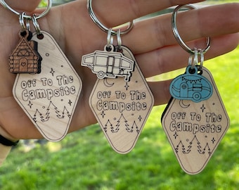 Off To The Campsite KEYCHAINS -or car charm-you choose the charm & color. Pop up camper cabin RV Summer beach swim keys gift graduation dad