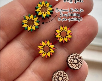 SUNFLOWER STUD EARRINGS 3 options svg pdf laser cut file flower garden design stud earrings digital download glowforge laser fall boho