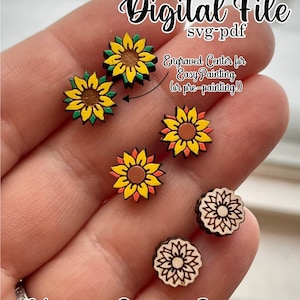 TOURNESOL STUD EARRINGS 3 options svg pdf laser cut file fleur jardin conception boucles d'oreilles téléchargement numérique glowforge laser automne boho