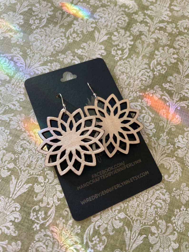 laser cut /& engraved wood lightweight dangle earrings boho chic flower fancy elegant drop wedding shower gift birch maple mandala earrings