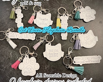 CAT KEYCHAIN BUNDLE svg pdf 9 options cat mom toe beans paw print kitty meow pet owner glowforge laser ready file digital download glowforge