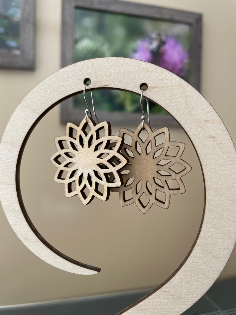 laser cut /& engraved wood lightweight dangle earrings boho chic flower fancy elegant drop wedding shower gift birch maple mandala earrings