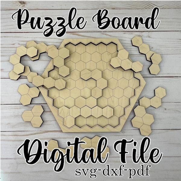 HEXAGON PUZZLE BOARD - 2 layer puzzle - brain teaser - one sheet of material - vector glowforge laser cut file svg pdf dxf bees honeycomb