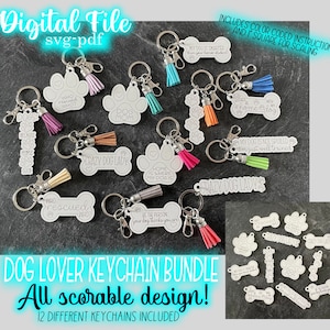 HOND SLEUTELHANGER BUNDEL SVG PDF 12 opties hond moeder die redde wie pootafdrukken puppy hondenliefhebber eigenaar Glowforge laser klaar bestand digitale download
