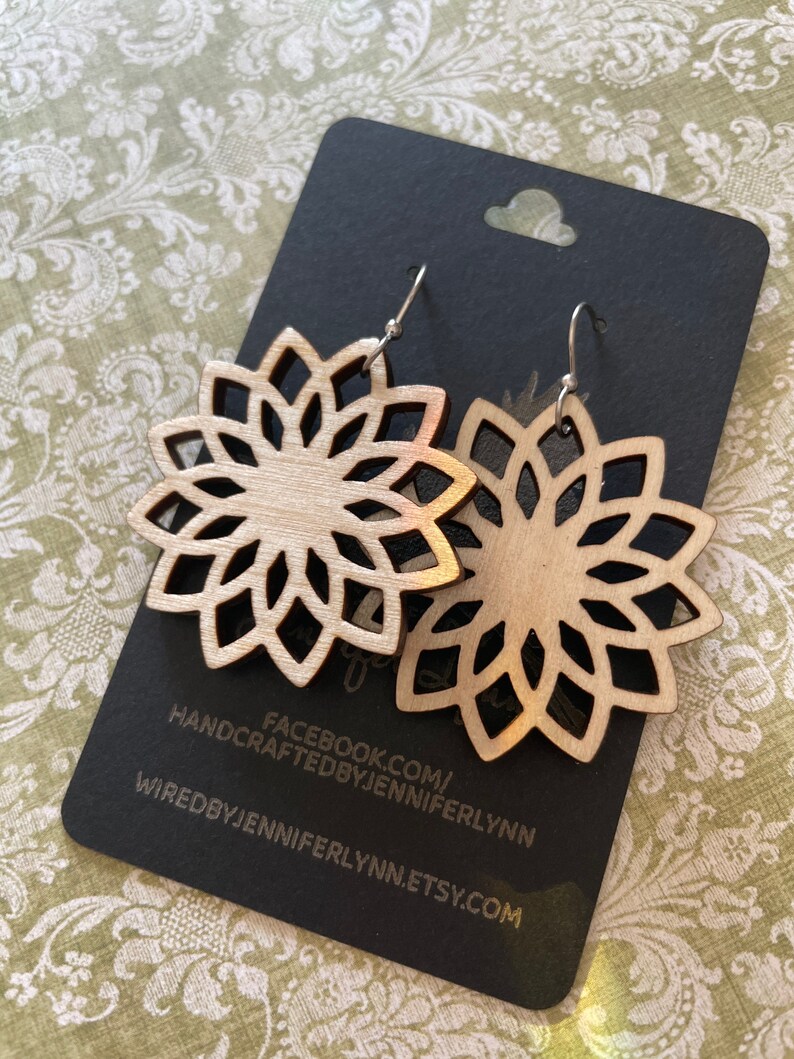 laser cut /& engraved wood lightweight dangle earrings boho chic flower fancy elegant drop wedding shower gift birch maple mandala earrings