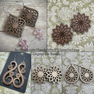 SVG geschnitten Datei BUNDLE Mandala Ohrringe digitaler Download Glowforge Laserdrucker geschnitten Holz Schmuck Blume Spirale Tropfen tropfen mit Perlen