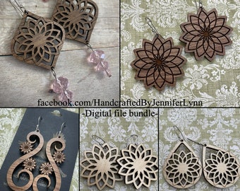 SVG cut file BUNDLE mandala dangle earrings digital download glowforge laser printer cut wood jewelry flower spiral tear drop with beads