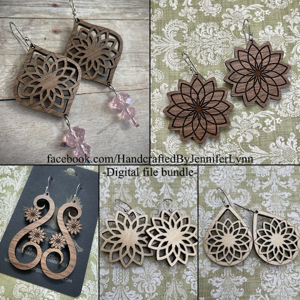 SVG cut file BUNDLE mandala dangle earrings digital download glowforge laser printer cut wood jewelry flower spiral tear drop with beads