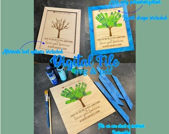 May include: Digital file for a handprint tree craft. The design features a tree with a heart shape and the text "I made you this tree so you'll always know I'll love you forever, no matter how much I grow". The file is available in SVG and PDF formats.