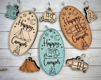 HAPPY CAMPER keychain with charm, 5 charm options, camping camper tent pop up campfire moon stars summer campsite campground car charm