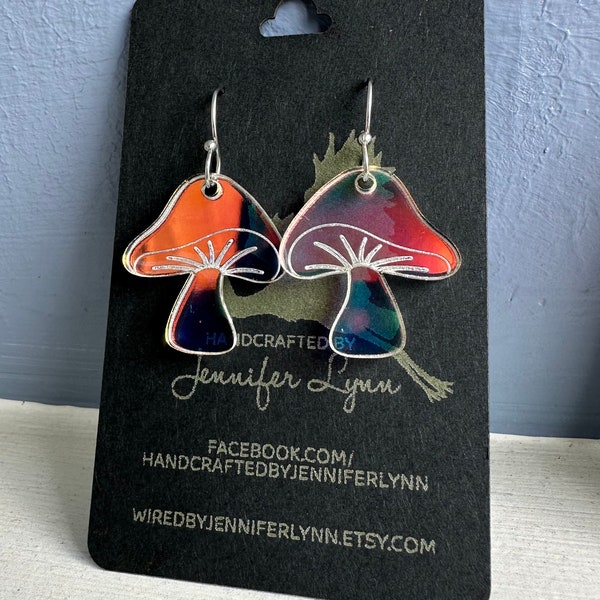 Mushroom Earrings - acrylic - rose gold or iridescent rainbow - stainless steel ear wires - lightweight - shroom music festival laser cut -