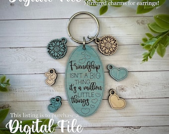 SVG PDF Friendship keychain-bonus earrings-3 charm options-glowforge laser ready file digital download best friends bff wedding party shower