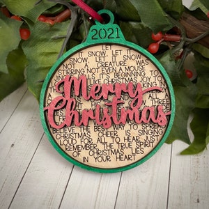 MERRY CHRISTMAS ORNAMENT 2022 laser cut painted wood rustic christmas tree movie song quotes background shiplap holidays gift merry jingle