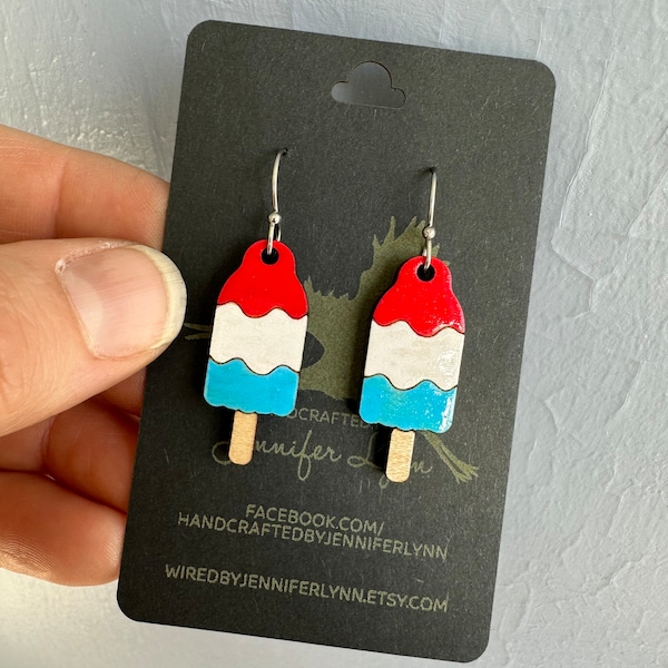 Rocket Pop Popsicle Earrings - hand painted laser cut wood - stainless steel ear wires - red white blue fourth of july summer camping fun