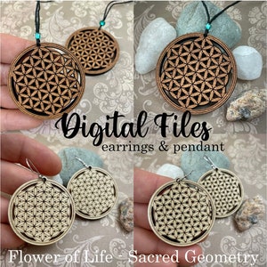 Blume des Lebens PDF SVG DXF Schnittdatei Heilige Geometrie Mandala Ohrringe Anhänger digitaler Download Glühlampe Laserdrucker Holz Schmuck Symbol