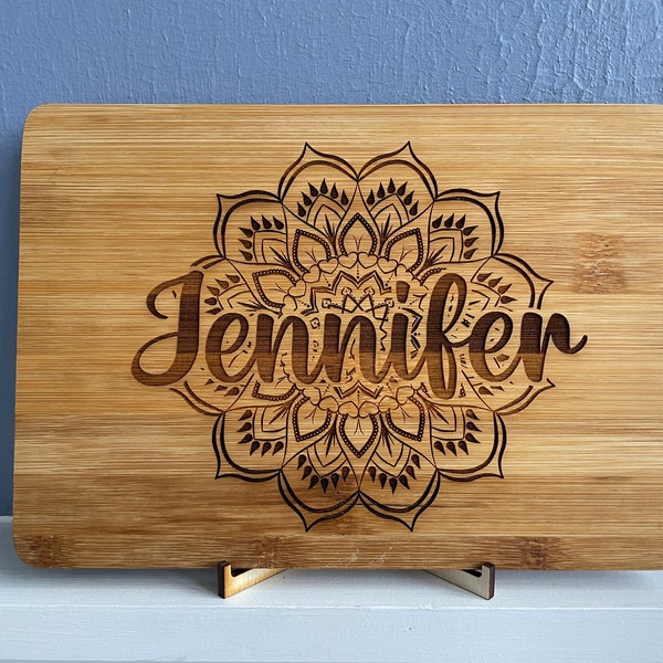 Custom engraved mandala bamboo cutting board/mini charcuterie board/snack serving platter. Choose name/word. States available as well!