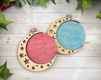 Baby's First Christmas Ornament 2022 custom moon and stars personalized kids moon galaxy space sky nursery birth announcement gender reveal
