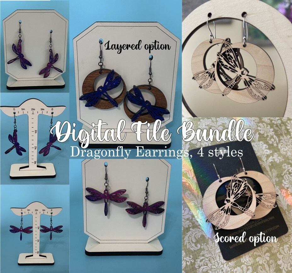 Dragonfly earrings BUNDLE svg dxf pdf moon earrings digital download glowforge laser cutter printer print cut garden nature sky wings cut