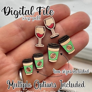 COFFEE & WINE STUDS earrings svg pdf laser cut file wine glass dunkin starbucks togo cup design stud digital download glowforge laser doodle