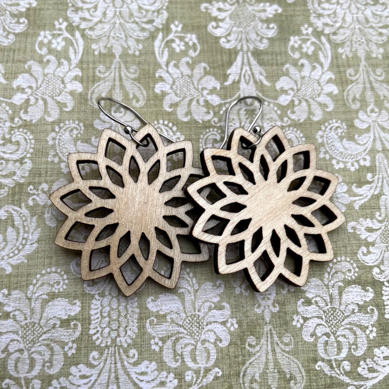 laser cut /& engraved wood lightweight dangle earrings boho chic flower fancy elegant drop wedding shower gift birch maple mandala earrings