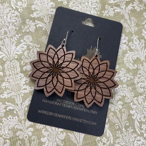 Walnut mandala earrings, laser cut and engraved wood, lightweight dangle earrings, boho chic flower fancy elegant drop wedding shower gift