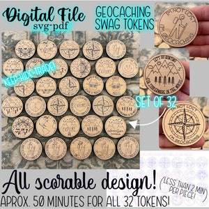 GEOCACHING SWAG TOKENS svg pdf cut file tradeable coins round tftc digital download glowforge laser nature walk hike kids outdoors adventure