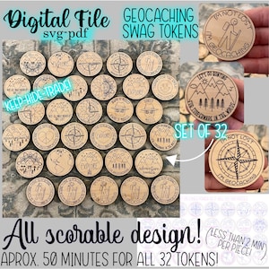 GEOCACHING SWAG TOKENS svg pdf cortar archivo monedas intercambiables ronda tftc descarga digital glowforge láser naturaleza caminata caminata niños al aire libre aventura