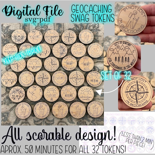 GEOCACHING SWAG TOKENS SVG PDF gesneden bestand verhandelbare munten ronde tftc digitale download Glowforge laser natuur wandeling wandeling kinderen buiten avontuur