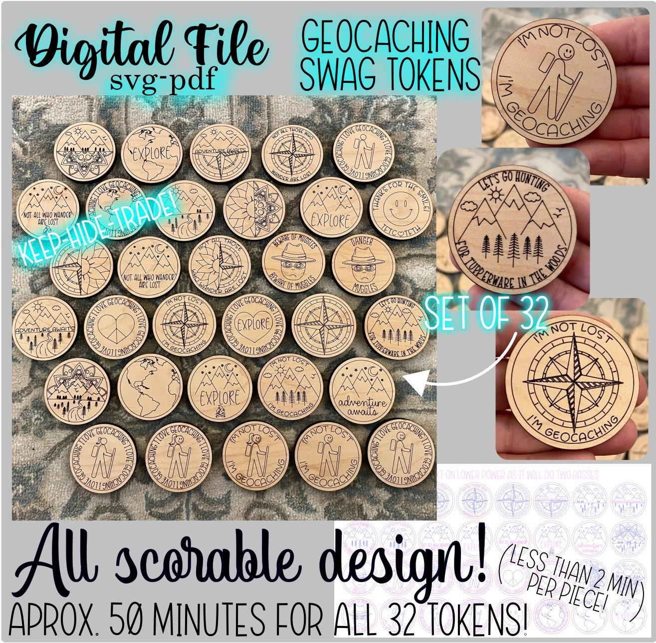 GEOCACHING SWAG TOKENS svg pdf cut file tradeable coins round tftc digital download glowforge laser nature walk hike kids outdoors adventure