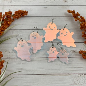 Cute ghost earrings- Laser cut iridescent rainbow / rose gold / dark silver mirror acrylic Lightweight Halloween spooky trick or treat boo!