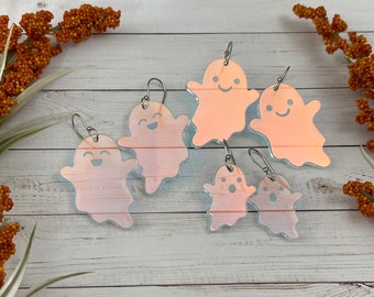 Cute ghost earrings- Laser cut iridescent rainbow / rose gold / dark silver mirror acrylic Lightweight Halloween spooky trick or treat boo!