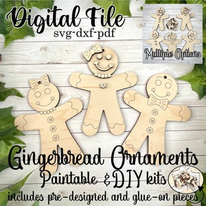GINGERBREAD ORNAMENT KIT - paintable colorable ornament diy kids Christmas ornament glowforge laser cut file svg pdf gingerbread man girl