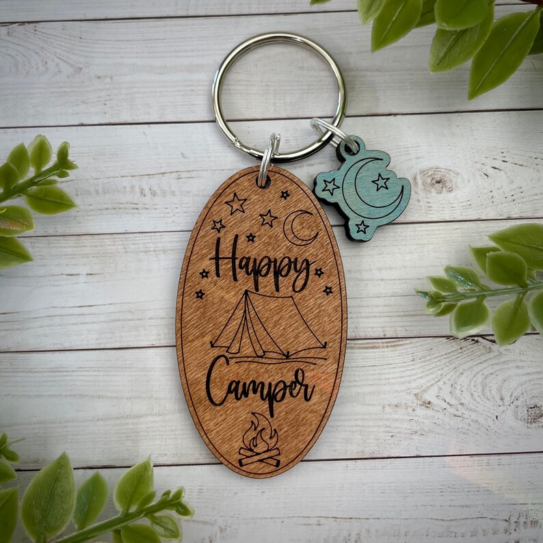 HAPPY CAMPER Keychain With Charm, 5 Charm Options, Camping Camper Tent ...