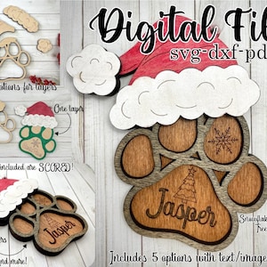 PAWPRINT ORNAMENT / TEKEN - Santa Paws Kerst ornament deur hanger kat pootafdruk hond over Memorial Glowforge Lasergesneden bestand SVG PDF