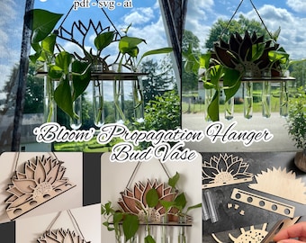 PROPAGATION STATION BUDVASE "Bloom" sunflower svg pdf cut file glowforge bud vase test tubes laser garden window hanging plant flowers stems