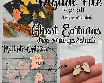 GHOST EARRINGS & STUDS - Laser cut file svg pdf 3 face options glowforge vector Halloween spooky trick or treat cute boo fall drop earring