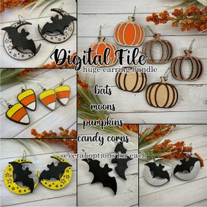 cut file HALLOWEEN / AUTUMN EARRINGS svg pdf dxf pumpkins bats moon candy corn multiple options glowforge laser ready file digital download