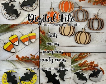 cut file HALLOWEEN / AUTUMN EARRINGS svg pdf dxf pumpkins bats moon candy corn multiple options glowforge laser ready file digital download