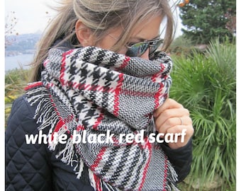 Tartan Plaid blanket scarf, white red black gray - Flannel long blanket shawl scarf woman - women&#39;s scarves- men&#39;s scarves-man fashion scarf