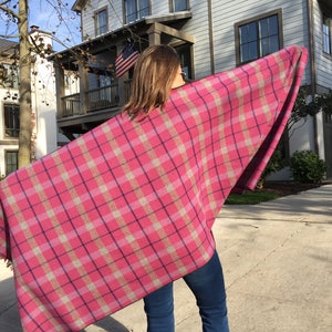 Pink plaid Blanket scarf - Navy blue Gray Pink tartan Plaid winter scarf shawl, wool flannel poncho - women&#39;s scarves, 2025 winter fashion