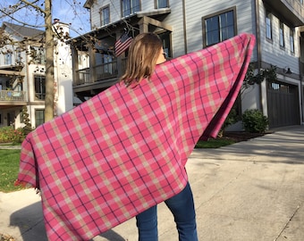 Pink Plaid Blanket Scarf – Wool Flannel Poncho Wrap