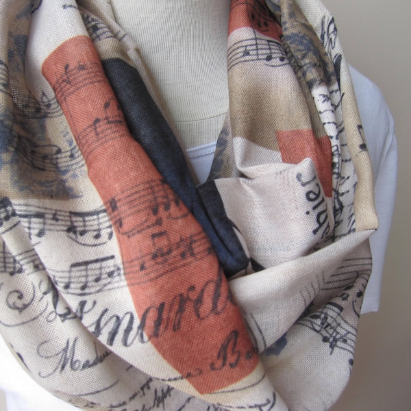Music Scarf, Music Notes Scarf, Music text Print Scarf, Music Writing Book Scarf, rust cinnamon navy Woman Man music lover gift for Musician