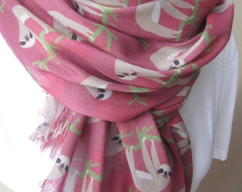 Sloth Print Scarf - Cotton Linen Blend, Lazy Animal Accessory