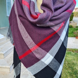 Purple Plaid blanket scarf-purple berry lavender gray tartan plaid Flannel shawl men&#39;s-women&#39;s blanket scarf- 2025 winter fashion Turkey