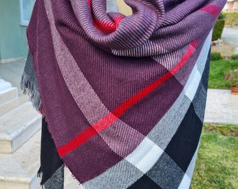 Purple Plaid blanket scarf-purple berry lavender gray tartan plaid Flannel shawl men&#39;s-women&#39;s blanket scarf- 2025 winter fashion Turkey