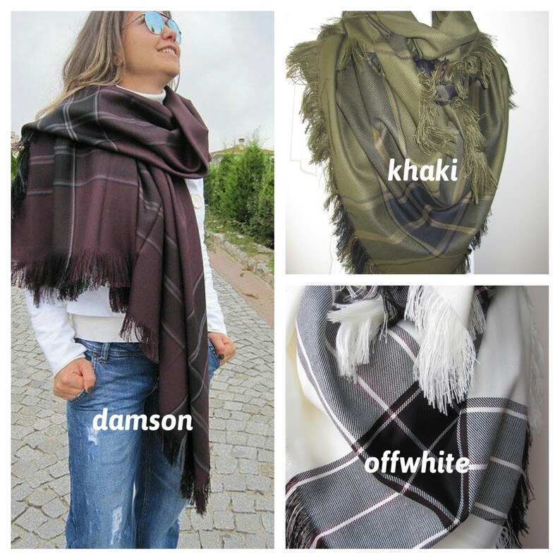 May include: Three plaid scarves with fringe edges in damson, khaki, and off-white colors.